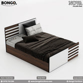 A modern queen-size bed with a water-resistant laminate finish in a contemporary style, featuring a white and brown color scheme.